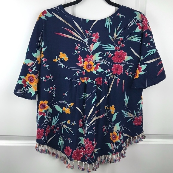 Kori America Navy Floral Pom Pom Boho Top- small - Picture 8 of 13